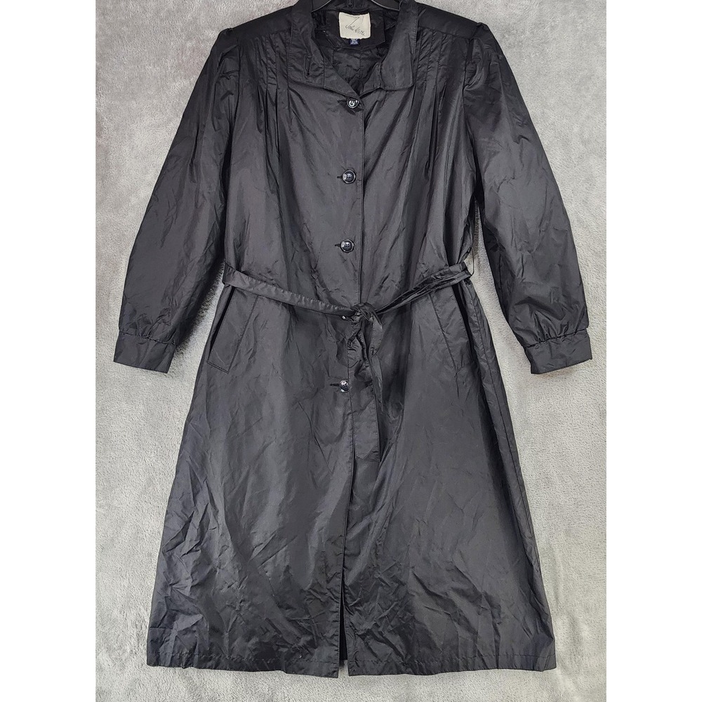John Weitz Coat Womens Size 13/14 Black Belted Long‎ Trench 80s Retro Vintage